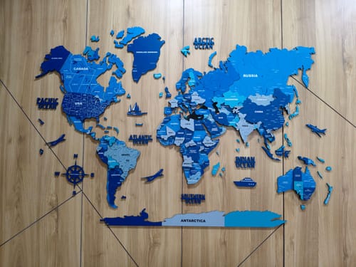 Customer photo review of 3D Tory Blue Wooden World Map for wall