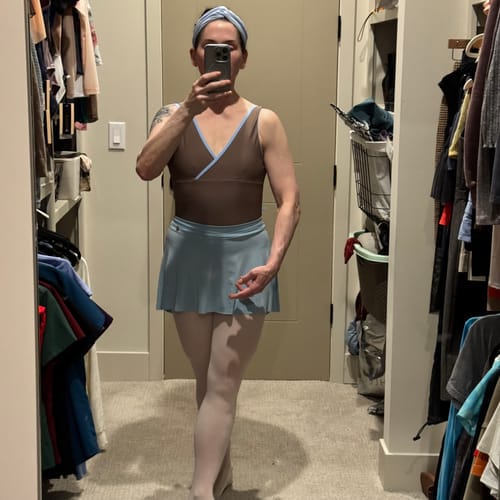 Customer photo review of Women's Marseille Wrap Front Leotard - Mocha / River Blue