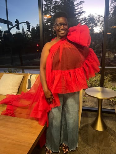 Customer photo review of Red Earlene Ruffle Top