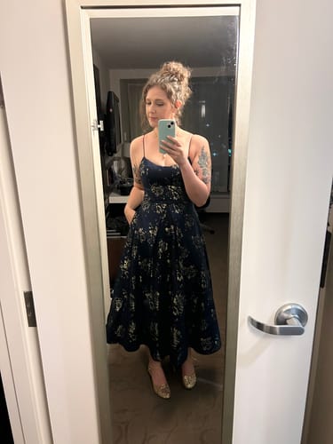 Customer photo review of Nicola Navy Jacquard Tea Length Dress by Bariano - RENTAL