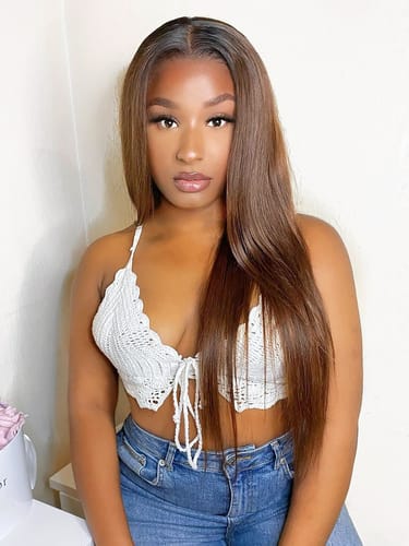 Customer photo review of Espresso & Reddish Brown Silky Straight Glueless Wig 5x5 HD Lace Invisible Knots