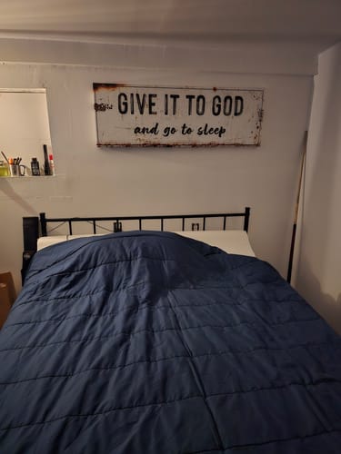 Customer photo review of Give It to God and Go to Sleep – Rustic Christian Wall Art for Peaceful Nights