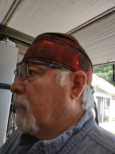 Customer photo review of Ghoul Ghost Skulls Black and Red Bandana Skull Cap, Made in USA, with Sweatband, Dorag Motorcycle Biker Hat