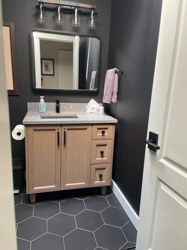 Customer photo review of Davenport 36" Almond Coast Bathroom Vanity, Left Sink