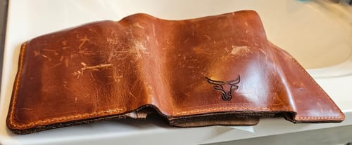 Customer photo review of Badge Trifold Wallet - Chestnut Brown