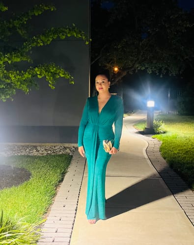 Customer photo review of Leilani Metallic Ruched Deep V Maxi Dress - Green
