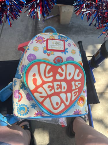Customer photo review of Loungefly The Beatles All You Need Is Love Mini Backpack