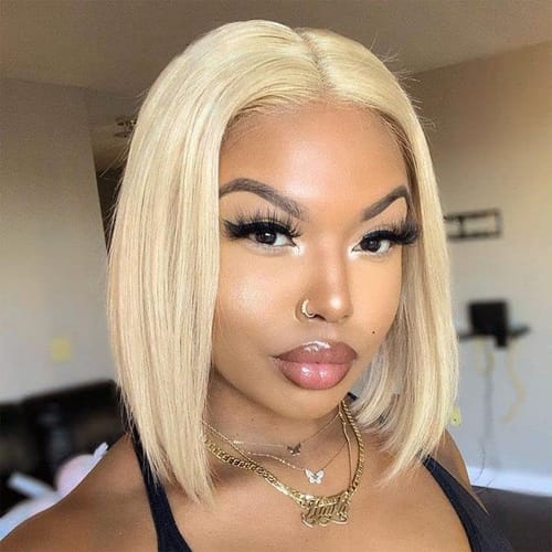 Customer photo review of #613 Blunt Cut 5x5 Swiss HD Lace Glueless Wig Bob 12" Platinum Blonde