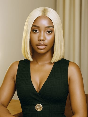 Customer photo review of #613 Blunt Cut 5x5 Swiss HD Lace Glueless Wig Bob 12" Platinum Blonde