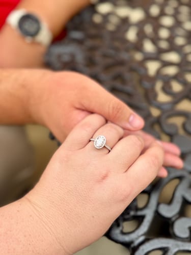 Customer photo review of Adley 2 Carat Oval Halo Pave Moissanite Diamond Ring in 10k White Gold