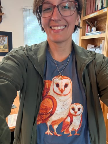 Customer photo review of Barn Owl Backpacker Family T-Shirt