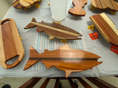 Customer photo review of 17.75x8" Salmon Fish Shaped Serving Board Acrylic Router Template