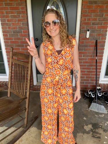 Customer photo review of 1970s V-Neck Floral Belted Sleeveless Jumpsuit
