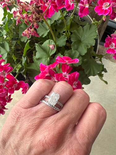 Customer photo review of 3.50 Carats Lab Grown Elongated Cushion Cut Micropaved Side Stones Hidden Halo Diamond Engagement Ring