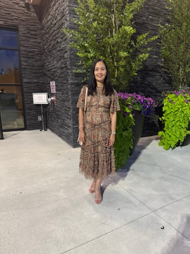 Customer photo review of Clover Ruffle Midi Dress by Mac Duggal - RENTAL