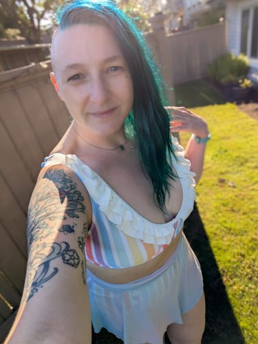 Customer photo review of Multicolor 1950s Rainbow Stripes Swimsuit