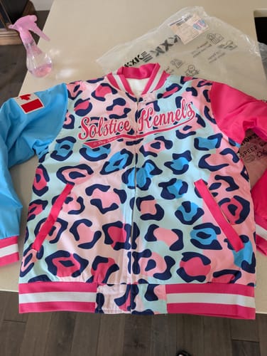 Customer photo review of Custom Lt Blue Pink-White Varsity Full-Zip Graffiti Pattern Letterman Bomber Jacket