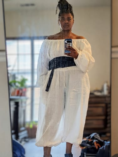 Customer photo review of Off Shoulders White Linen Jumpsuit BOHEMY