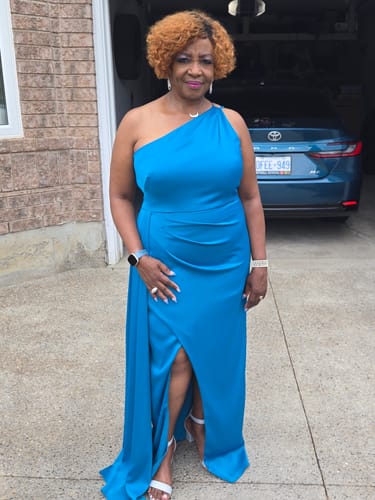 Customer photo review of Blue Lagoon Gown by Aidan Mattox - RENTAL