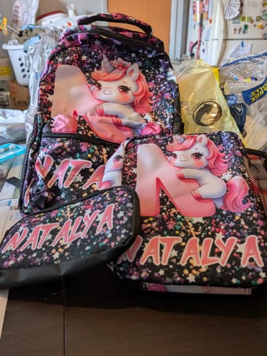 Customer photo review of Initials Customized Cute Unicorn Backpack - School Season Gift for Girls Birthday Gift