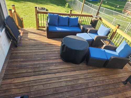 Customer photo review of HOMREST 6 Piece Patio Conversation Sets with Sofa Couch, Rattan Wicker Swivel Chairs with 2 Ottoman, Coffee Table & Cushions, Navy