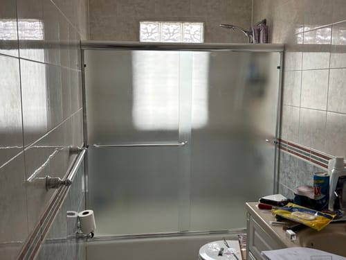 Customer photo review of SUNNY SHOWER 60" x 57.4" Bathtub Shower Door & Double Sliding Frosted Door for tub, Chrome Finish / Brushed Nickel Finish