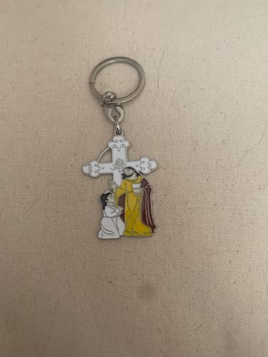 Customer photo review of Christianartworkshop Jesus Prayer Narrative & Cross Enamel Keychain: Colorful Baptism Token