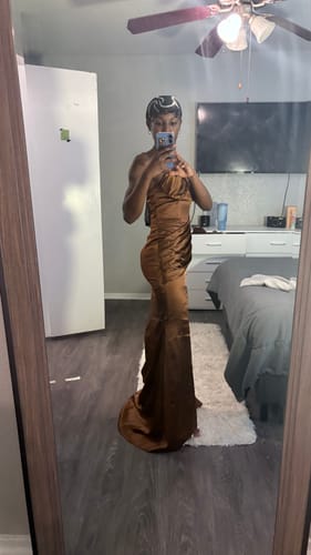 Customer photo review of Elegant One Shoulder Side Slit Mermaid Soft Satin Long Matron of Honor Dress For Wedding