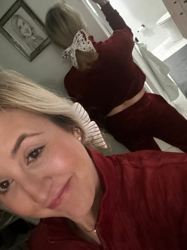 Customer photo review of Gabrisa Velour Track Pant- Sun Dried Tomato