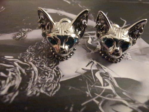 Customer photo review of "Cat's Gaze" Platinum Plated Gothic Cat Head Stud Earrings, Statement Animal Jewelry