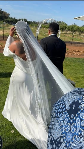 Customer photo review of Scattered Pearl Edge Mantilla Veil: Cathedral & Chapel Length - PHOEBE