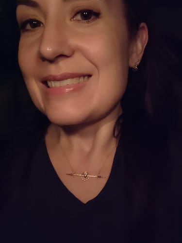 Customer photo review of Antique 14k Rose Gold & Platinum Old Mine Diamond Delicate Bar Necklace 16"