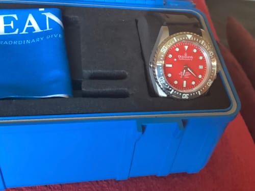 Customer photo review of Oceaneva Mens Deep Marine Explorer II Damascus Steel Watch Red Dial