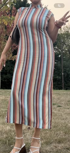 Customer photo review of Sheng Dao 省道 Province Road 1960s Retro Stripe Cap Sleeve Qipao