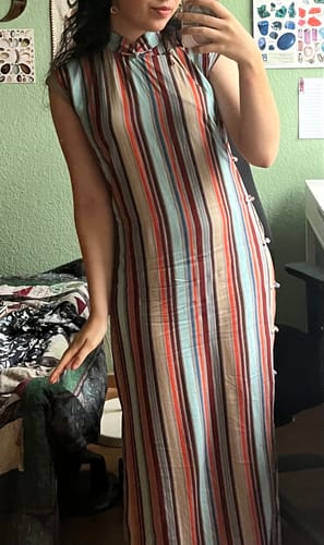 Customer photo review of Sheng Dao 省道 Province Road 1960s Retro Stripe Cap Sleeve Qipao