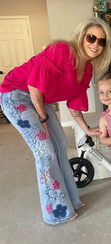 Customer photo review of Washed Floral Embroidered Denim Flare Jeans