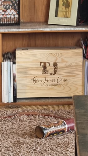 Customer photo review of Floral Monogram with birth details Engraved Pine Box