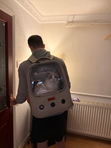 Customer photo review of Pet Carrier Backpack, Square Window, Designed for Travel, Hiking, Walking & Outdoor Use(Two Colors)