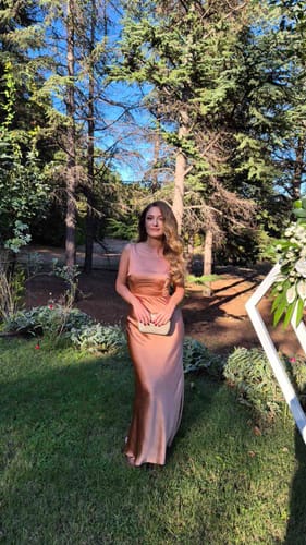 Customer photo review of Cowl Back Satin Bridesmaid Dress - Burnt Peach