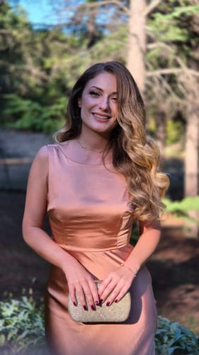 Customer photo review of Cowl Back Satin Bridesmaid Dress - Burnt Peach