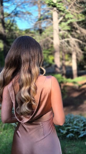 Customer photo review of Cowl Back Satin Bridesmaid Dress - Burnt Peach