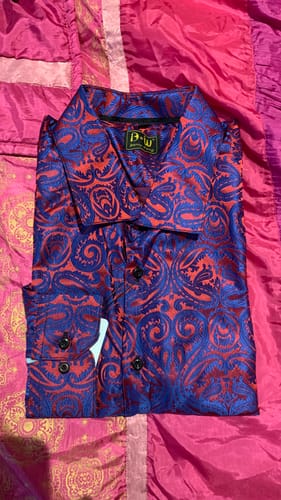 Customer photo review of Barry. Wang Mens Paisley Dress Shirt Purple 70s Disco Long Sleeve Button Down Shirt