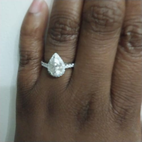 Customer photo review of The Shana Rae-Pear vintage halo pave moissanite engagement ring| DovEggs