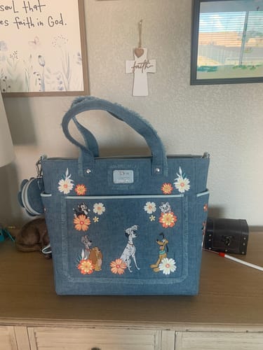 Customer photo review of Loungefly Disney Dogs & Cats Floral Faux Denim Convertible Backpack & Tote Bag with Coin Bag