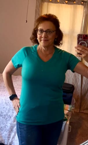 Customer photo review of Mia V Neck - Cream Heather
