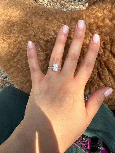 Customer photo review of Casey 3 Carat Radiant Cut Hidden Halo Pave Lab Grown Diamond Ring in 14k White Gold