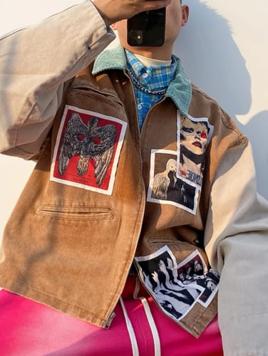 Customer photo review of Punk Retro Collage Print Distressed Heavy Jacket