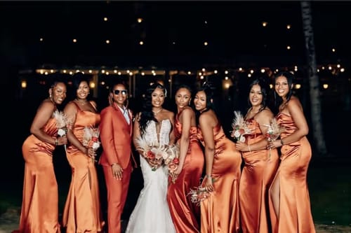 Customer photo review of Sexy Side Slit Mermaid Off Shoulder Long Soft Satin Bridesmaid Dresses Online
