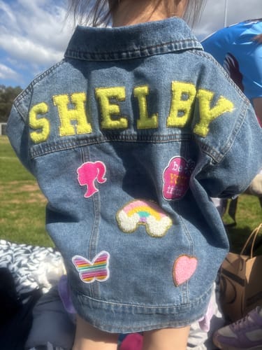 Customer photo review of Personalized Kids Denim Jacket with Names | Easter Spring Fashion Outerwear for Toddler Girls & Boys