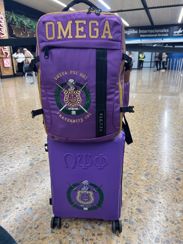 Customer photo review of Omega Psi Phi Embroidered Purple and Gold Backpack